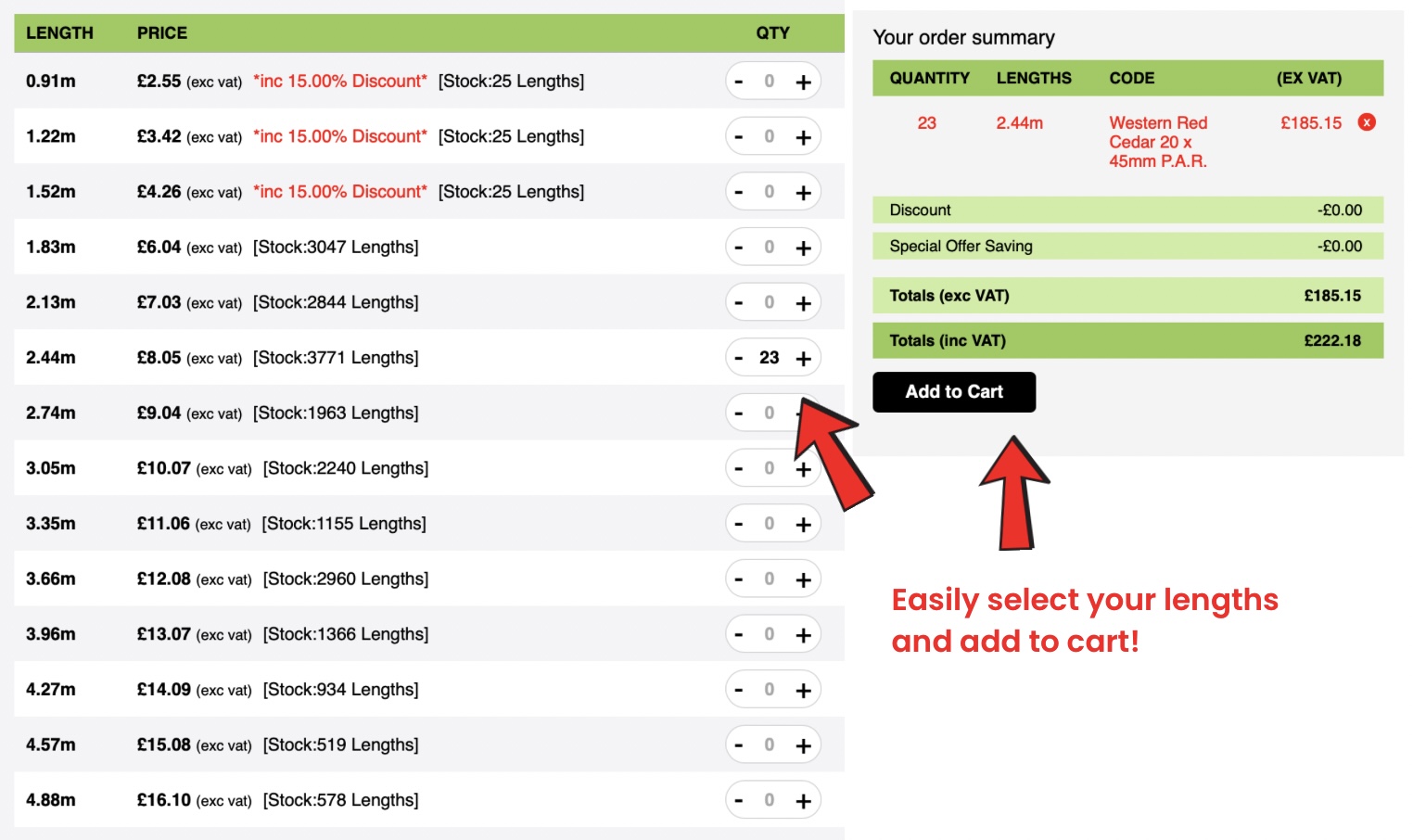 Southgate Timber online ordering interface showing live stock levels, prices, and quantity selector for Western Red Cedar cladding, with highlighted ‘Add to Cart’ button for easy purchasing.